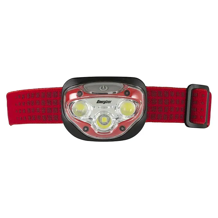 Energizer Linterna frontal - 4 x 4,5 x 7,3 cm, 300 lm, IPX4 - Linterna frontal Energizer roja con tres LED y una diadema ajustable para mayor comodidad y flexibilidad. Ideal para actividades al aire libre.