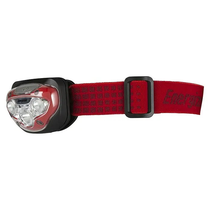 Energizer Linterna frontal - 4 x 4,5 x 7,3 cm, 300 lm, IPX4 - Primer plano de una linterna frontal Energizer roja con carcasa negra y diadema ajustable.