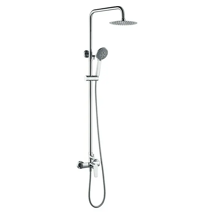 Camargue Tevere Sistema de ducha - Grifo monomando, Cromo - La imagen muestra un moderno sistema de ducha cromado con ducha de mano y fija, así como un termostato para una experiencia de ducha confortable.