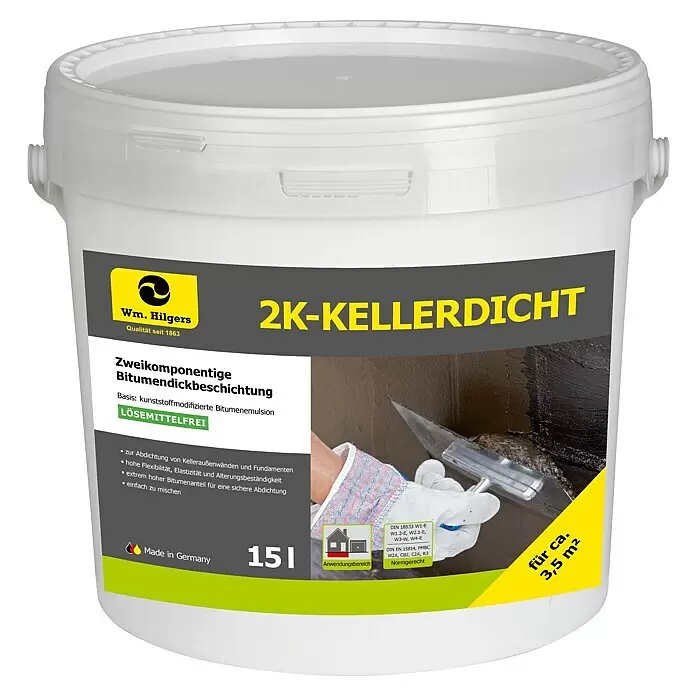 2K-Bitumen-Dickbeschichtung - 15 l, Lösemittelfrei, Gebrauchsfertig - Weißer Eimer Wm. Hilgers 2K-Kellerdicht Bitumendickbeschichtung, 15L.