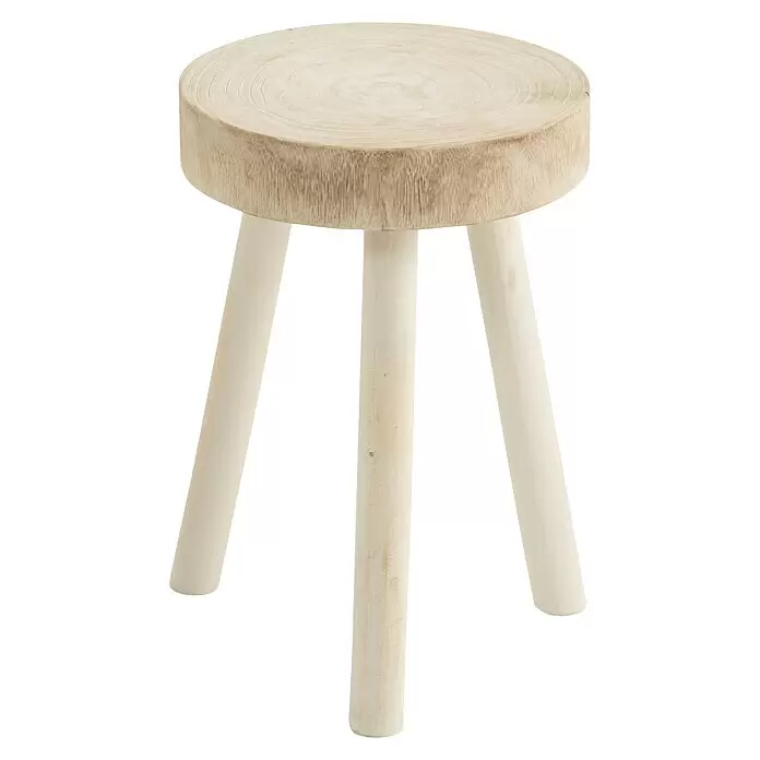 Hocker Paulownia - Ø x H: 29 x 45 cm, Weiß, Holz - Hocker aus hellem Holz mit einer Sitzfläche in Baumscheibenoptik und drei hellen, konischen Beinen.