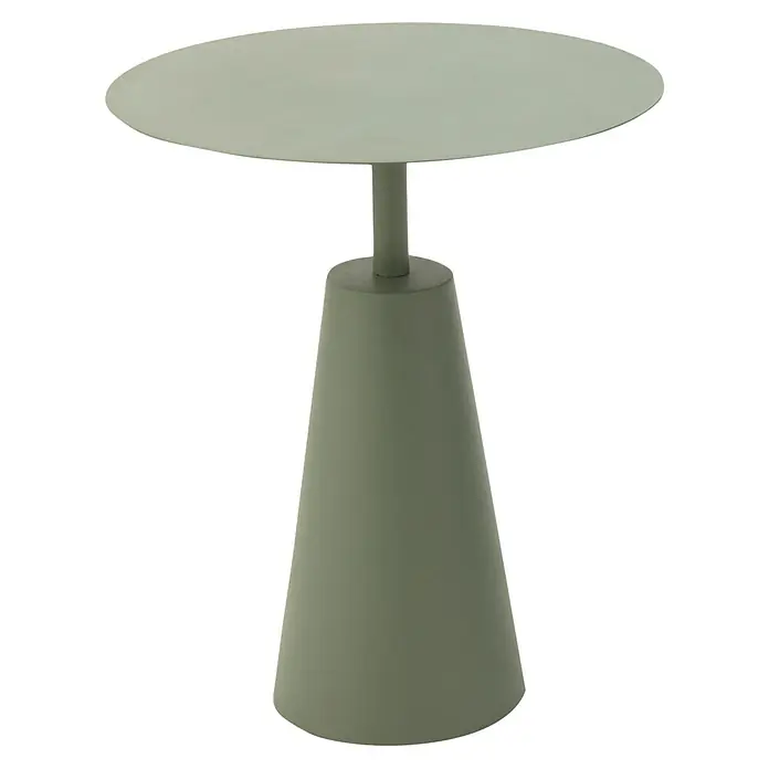 Beistelltisch Style - Ø x H: 48 x 56 cm, Grün, Metall - Nahaufnahme eines stilvollen, olivgrünen Beistelltisches mit einem runden Tischblatt und einem konischen Sockel, ideal für moderne Wohnräume.
