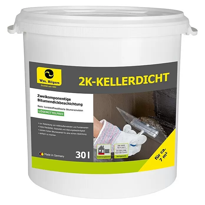 2K-Bitumen-Dickbeschichtung - 30 l, Lösemittelfrei, Gebrauchsfertig - Weißer Eimer 2K-Kellerdicht, zweikomponentige Bitumendickbeschichtung für die Kellerabdichtung.