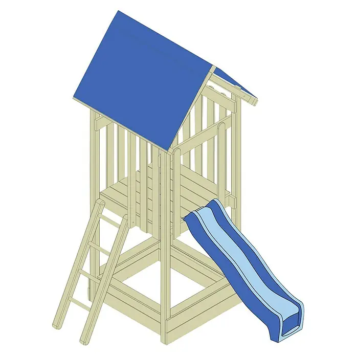 Kinderspielturm Max - L x B x H: 120 x 177 x 302 cm - Ansicht eines Spielturms aus Holz mit blauer Rutsche und Leiter. Ideal für Spielplätze und Gärten, bietet der Turm Spaß für Kinder.