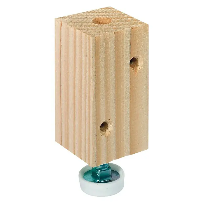 Suki Tornillo regulable - L x An x Al: 55 x 34 x 34 mm, M 8 - Primer plano de una pata de mueble de madera con tornillo y deslizador blanco.