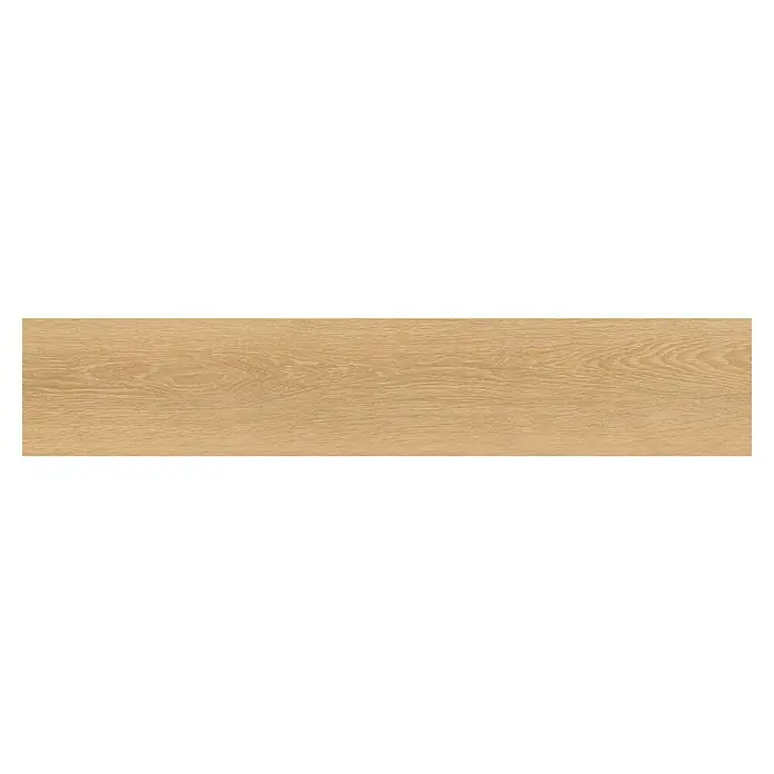 Pavimento porcelánico Muse - 22,5 x 119,5 cm, Beige, Mate, Rectificado - Panel de madera clara con un patrón de grano natural. Perfecto para suelos o revestimientos de paredes que irradian calidez y elegancia.