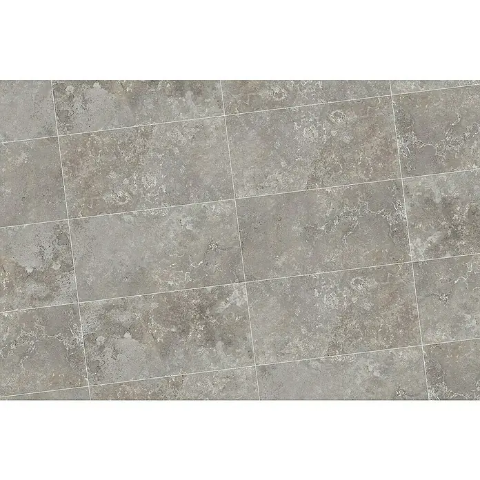 Feinsteinzeugfliese Tivoli Stone - 60 x 119,5 cm, Smoke, Glänzend - Graue Bodenfliesen mit unregelmäßiger Textur und hellen Fugenlinien, die ein modernes und stilvolles Design erzeugen.
