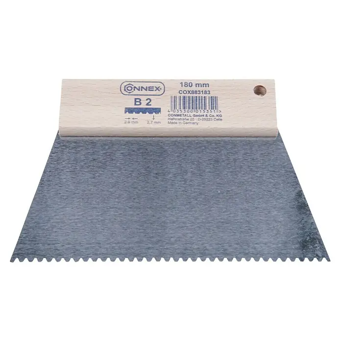 Connex Espátula dentada - Ancho de hoja: 180 mm, B2 - Espátula dentada CONMETALL B2 con mango de madera y dimensiones de 180 mm, ideal para aplicaciones precisas de material.