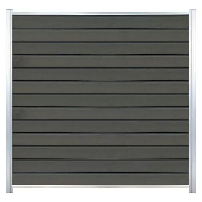 T & J Sichtschutzelement Wollbach - 175 x 180 cm, Grau - Dunkelgraue Verbundzaunplatte mit horizontalen Lamellen und silbernen Aluminiumpfosten.