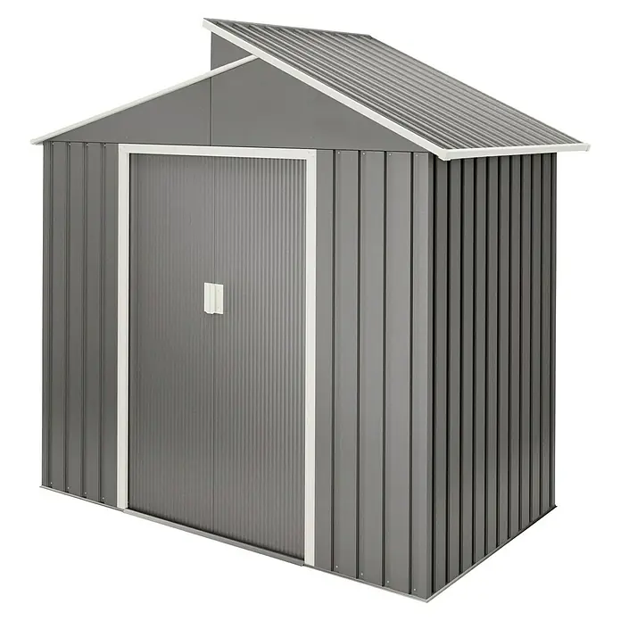 Hoggar Gerätehaus Nuuk - Außenmaß inkl. Dachüberstand (B x T): 220 x 129 cm, Stahl, Grün, Grundfläche: 2,84 m² - Ein graues Metallgartenhaus mit weißer Umrandung und einem Giebeldach ist vor einem schwarzen Hintergrund abgebildet.