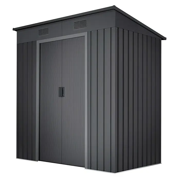 Hoggar Gerätehaus Oulu Dark - Außenbreite inkl. Dachüberstand: 238 cm, Außentiefe inkl. Dachüberstand: 130 cm, Stahl, Grau - Metallgartenhaus mit Doppeltür und Lüftungsschlitzen. Ideal für die Aufbewahrung von Gartengeräten und -möbeln. Wetterfest und langlebig.
