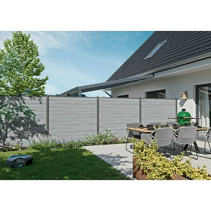 T & J Sichtschutzelement Waren - 179 x 180 cm, Smoke White - Der graue Sichtschutzzaun bietet Privatsphäre im Garten. Eine stilvolle Ergänzung zu Terrasse und Rasen mit Mähroboter.