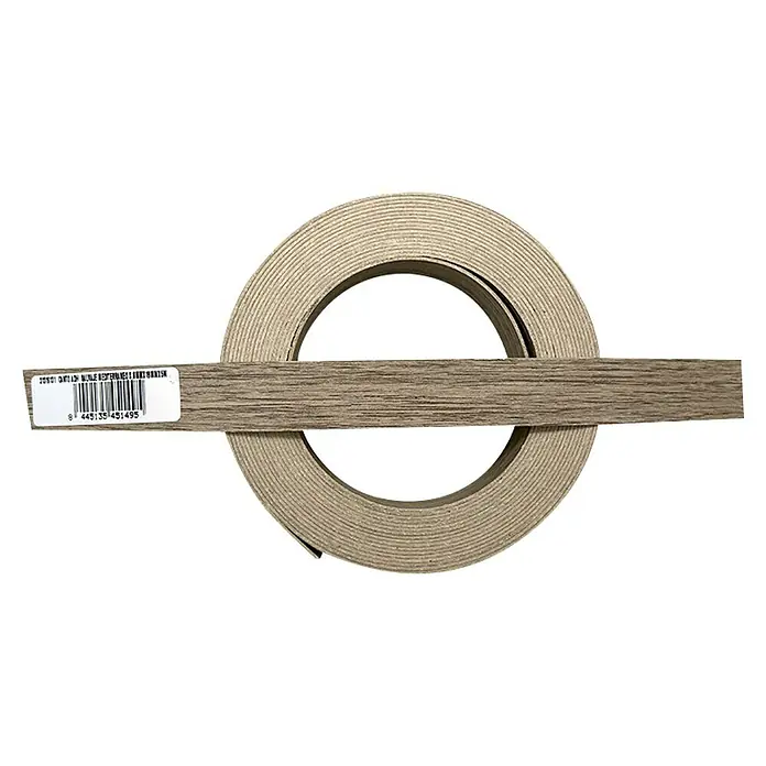 Canto de PVC autoadhesivo - Largo: 5 m, Salvaje Mediterráneo - Primer plano de un rollo de chapa de madera con etiqueta, mostrando detalles del producto y calidad.