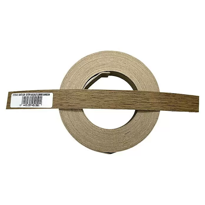 Canto de PVC autoadhesivo - Largo: 5 m, Oro - Rollo de canto de madera clara con veta, con etiqueta de producto blanca y código de barras.