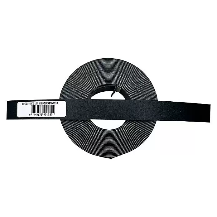Canto de PVC autoadhesivo - Largo: 5 m, Negro - Tira adhesiva de canto negra enrollada, 0,8mm grosor, 19mm ancho, 5m largo.