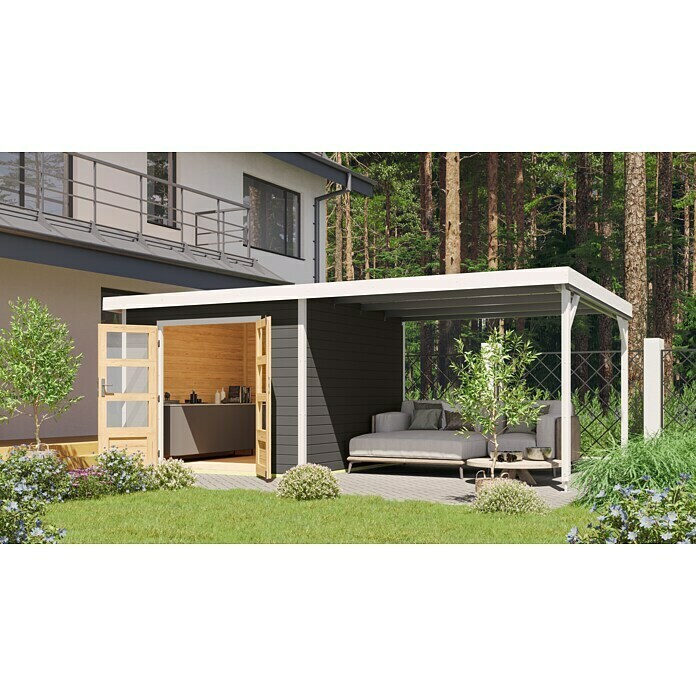 Karibu Gartenhaus Hybride Pluto B (Außenmaß inkl. Dachüberstand (B x T): 574 x 574 cm, Fichte/ Metall, Terragrau/ Weiß) | BAUHAUS