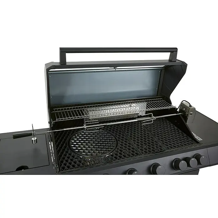 Kingstone KMS Barbacoa de gas Cliff 6500 Beast Black - Superficie de la parrilla (An x Pr): 90,5 x 45 cm, 27,2 kW, Número de quemadores: 6 - Primer plano de una parrilla negra con la tapa abierta, mostrando las rejillas y el asador. Perfecto para cualquier barbacoa.