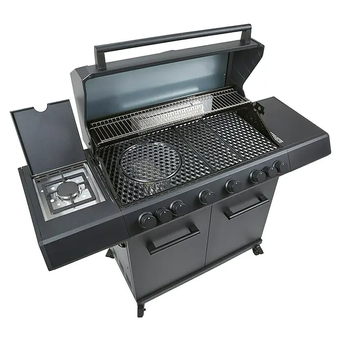 Kingstone KMS Barbacoa de gas Cliff 6500 Beast Black - Superficie de la parrilla (An x Pr): 90,5 x 45 cm, 27,2 kW, Número de quemadores: 6 - Una parrilla de alta calidad con quemador lateral, ideal para los amantes de la parrilla. La parrilla ofrece mucho espacio y funciones para un placer de parrilla óptimo.