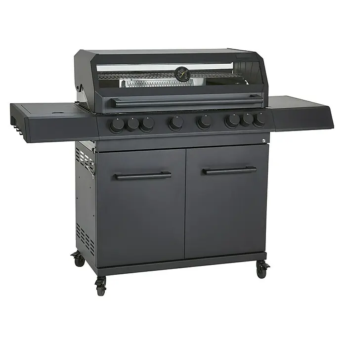 Kingstone KMS Gasgrill Cliff 6500 Beast Black Edition - Grillfläche (B x T): 90,5 x 45 cm, 21 kW, Anzahl Brenner: 6 Stk. - Hier ist ein hochwertiger schwarzer Grill mit Ablageflächen und Unterschrank für den Außenbereich.