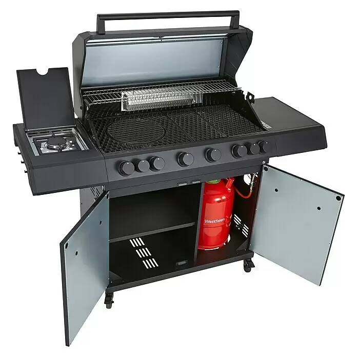 Kingstone KMS Gasgrill Cliff 6500 Beast Black Edition - Grillfläche (B x T): 90,5 x 45 cm, 21 kW, Anzahl Brenner: 6 Stk. - Moderner schwarzer Gasgrill mit offenem Deckel, Seitenbrenner, mehreren Drehreglern und einem Fach mit roter Gasflasche.