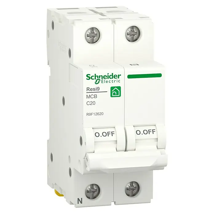 Schneider Electric Magnetotérmico RESI9 IC40F - 20 A, 1 ud. - Interruptor automático bipolar Schneider Electric Resi9 C20, para la protección segura de circuitos en edificios residenciales.