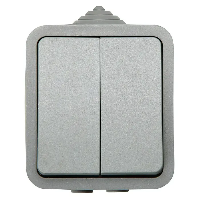 Voltomat Blueline Conmutador doble para estancias con humedad - Gris, Montaje en superficie, IP54 - Interruptor de luz doble gris para montaje en pared, ideal para uso interior y exterior, diseño robusto.