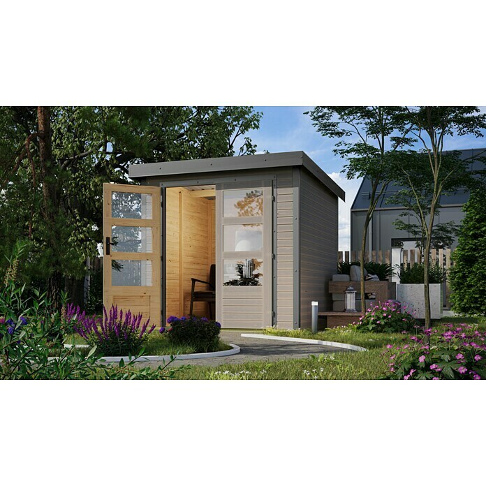 Karibu Gartenhaus Hybride Pluto D (Außenmaß inkl. Dachüberstand (B x T): 309 x 309 cm, Fichte/ Metall, Wassergrau/ Staubgrau)