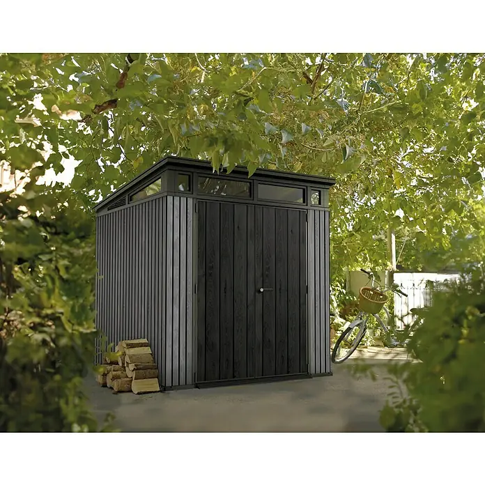 Keter Gerätehaus Signature Venetian Pent 7x7Außenmaß inkl. Dachüberstand (B x T): 216 x 218 cm, Kunststoff, Grau - Das moderne Gerätehaus mit Holzlager ist ideal für jeden Garten. Es bietet Platz für Werkzeuge und Gartengeräte und ist optisch ansprechend.