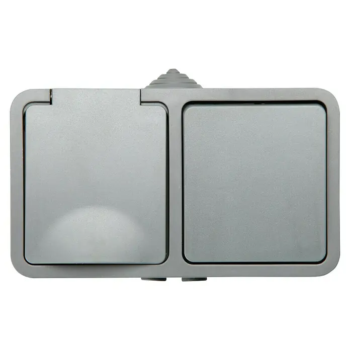 Voltomat Blueline Combinación de interruptores para estancias con humedad - Gris, Alineación de los mecanismos: Horizontal, Montaje en superficie, IP54 - Una toma de corriente doble empotrada gris con esquinas redondeadas, ideal para usar en pisos o mesas para integrar discretamente las conexiones de energía.