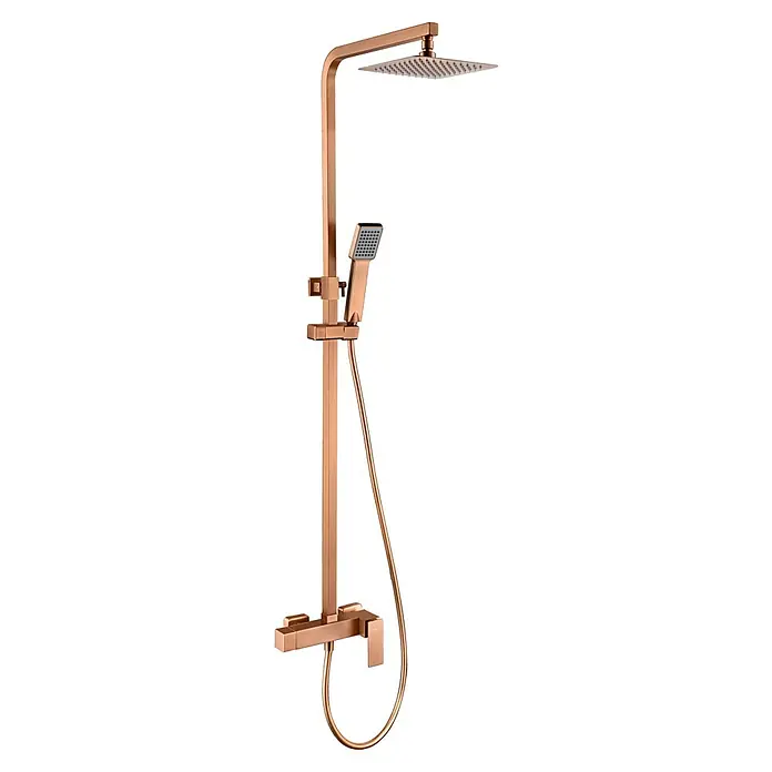 Imex Pisa Sistema de ducha - Grifo monomando, Oro rosa - Columna de ducha de alta calidad con aspecto de cobre. Con rociador y ducha de mano para una experiencia de ducha lujosa y estética moderna.