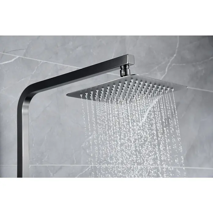 Imex Pisa Sistema de ducha - Grifo monomando, Black gun - Un cabezal de ducha cuadrado con agua que cae suavemente, prometiendo una experiencia de ducha relajante. El accesorio ha sido diseñado con elegancia.
