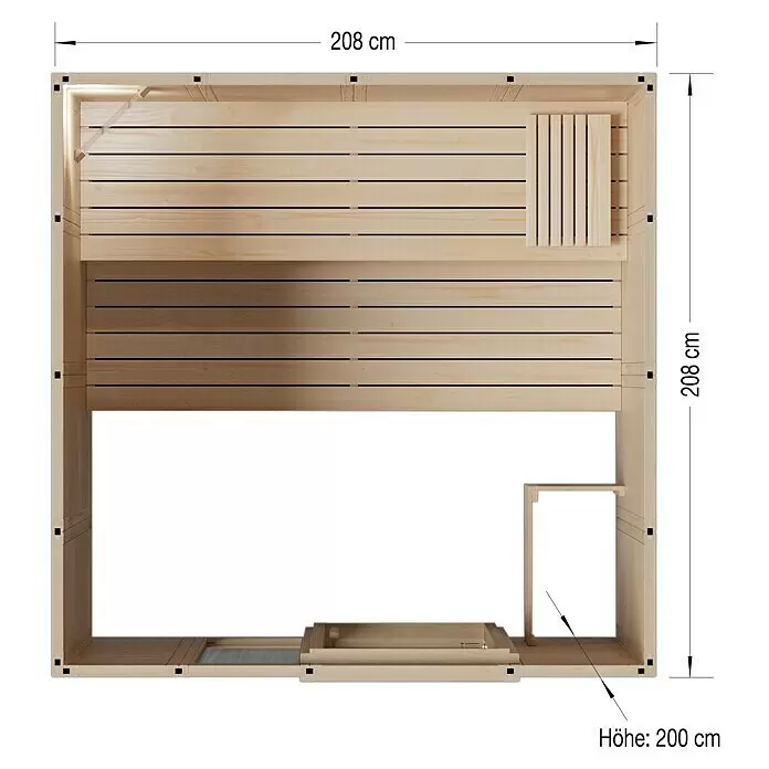 Elementsauna - L x B x H: 208 x 208 x 200 cm, Ohne Ofen, Max. Personenzahl: 4 Stk. - Draufsicht einer hellen Holzsaunakabine mit Bänken, Ofenschutz und Maßen 208x208x200 cm.