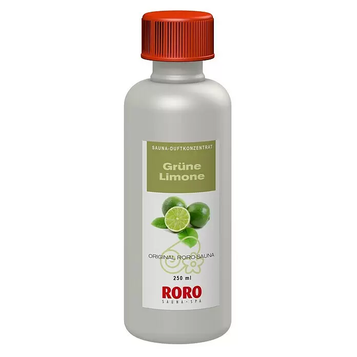 Eilo Saunaduft - Duft: Grüne Limone, 250 ml - Weiße Flasche mit rotem geripptem Verschluss, etikettiert 'Grüne Limone Sauna-Duftkonzentrat' und mit grünen Limetten.