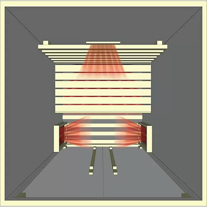 Eilo Infrarotkabine EL 101 - 90,4 x 90 x 190 cm - Strukturierter Innenraum mit horizontalen Paneelen und zwei roten Lichtquellen: eine oben, eine mittig.