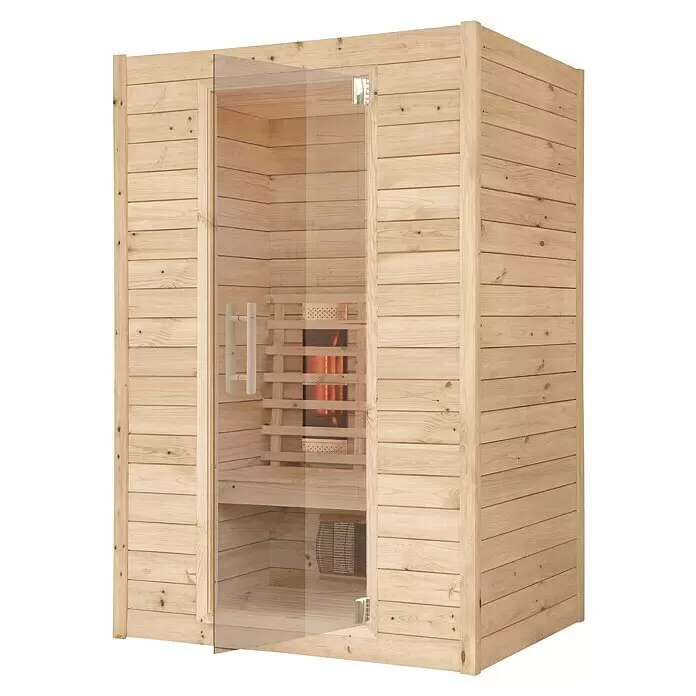 Eilo Infrarotkabine EL 431 - 102 x 132 x 198 cm - Infrarot-Saunakabine aus hellem Holz mit Glastür, innenliegendem Heizelement und Lattenbänken.