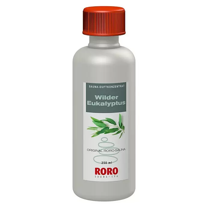 Eilo Saunaduft - Duft: Eukalyptus, 250 ml - Hellgraue Roro Sauna Duftkonzentratflasche, 250ml, mit rotem, geripptem Deckel. Beschriftet mit 'Wilder Eukalyptus' und Eukalyptusblättern.