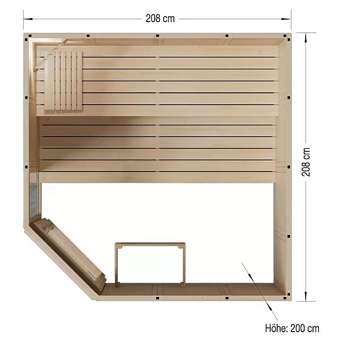 Eilo Elementsauna 40-2121E - L x B x H: 208 x 208 x 200 cm, Ohne Ofen - Draufsicht einer hellen Holzsaunakabine, 208x208x200 cm, mit Innenbänken.