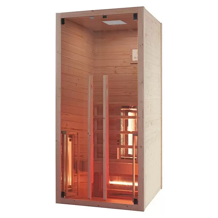 Eilo Infrarotkabine EL 101 - 90,4 x 90 x 190 cm - Einpersonen-Infrarotsauna aus hellem Holz mit rot glühenden Heizstrahlern durch die transparente Front sichtbar.
