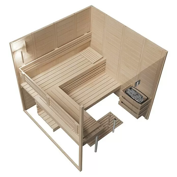 Eilo Elementsauna 40-2121G - L x B x H: 206 x 208 x 204 cm, Ohne Ofen - Heller Holzsauna-Innenraum mit mehrstufigen Bänken und einem Eckofen.