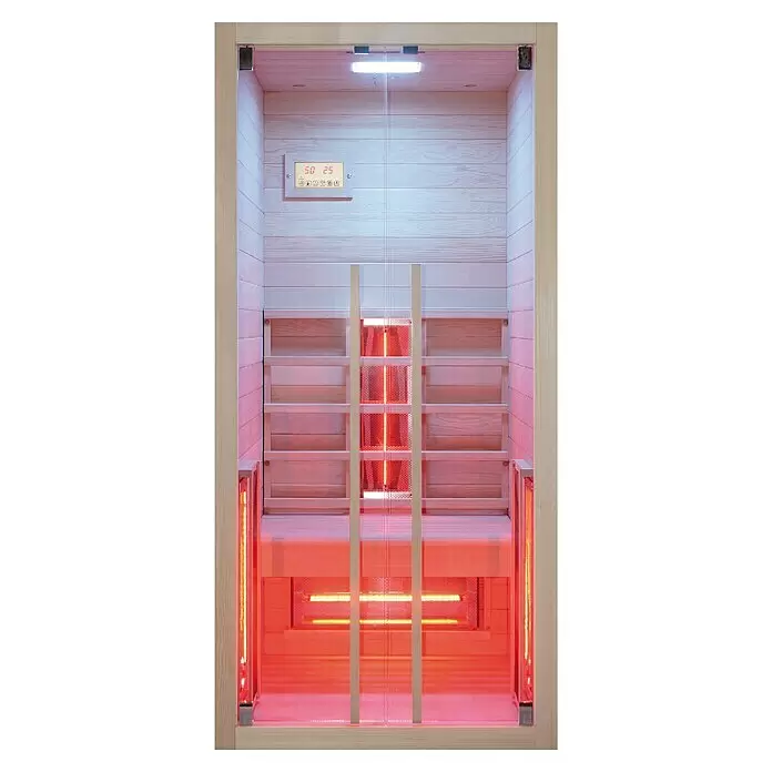 Eilo Infrarotkabine EL 101 - 90,4 x 90 x 190 cm - Infrarot-Sauna aus Holz mit leuchtenden roten Heizstrahlern, internem Bedienfeld und klarer Glastür.