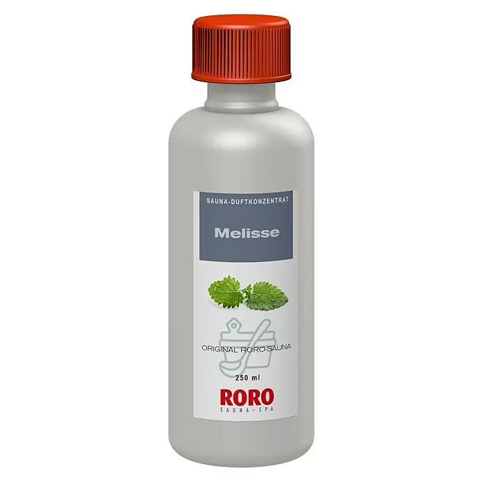 Eilo Saunaduft - Duft: Melisse, 250 ml - Hellgraue RORO Sauna-Duftkonzentrat Flasche (250 ml) mit rotem Schraubverschluss und Melisse-Etikett.