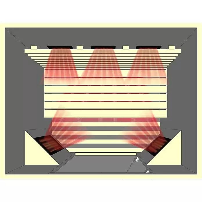 Eilo Infrarotkabine EL 431 - 102 x 132 x 198 cm - Architektonische Beleuchtung mit roten Fächerstrahlen von Einbauleuchten durch horizontale Lamellen für dynamische Effekte.