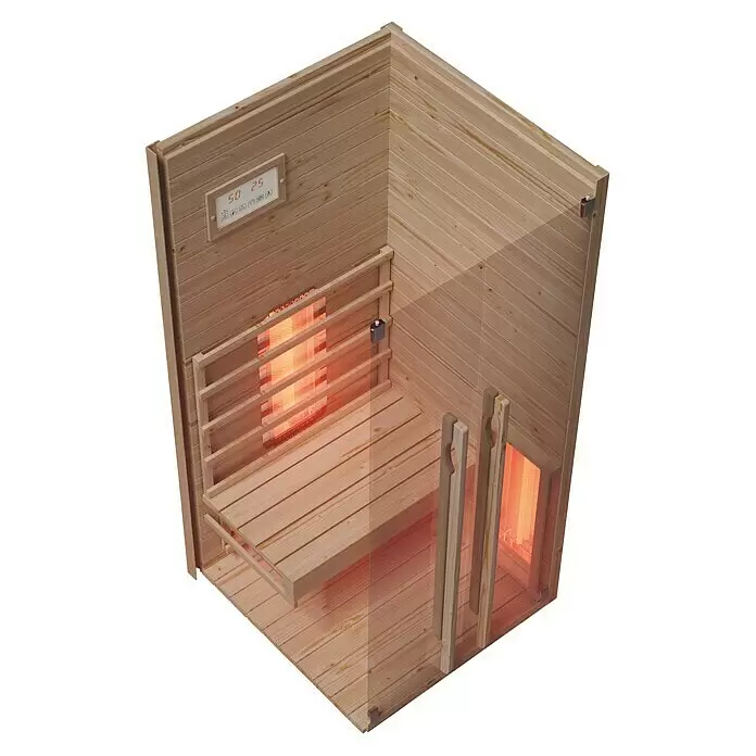 Eilo Infrarotkabine EL 101 - 90,4 x 90 x 190 cm - Kompakte Infrarotsauna aus hellem Holz mit Bänken, Heizstrahlern und digitalem Bedienfeld.