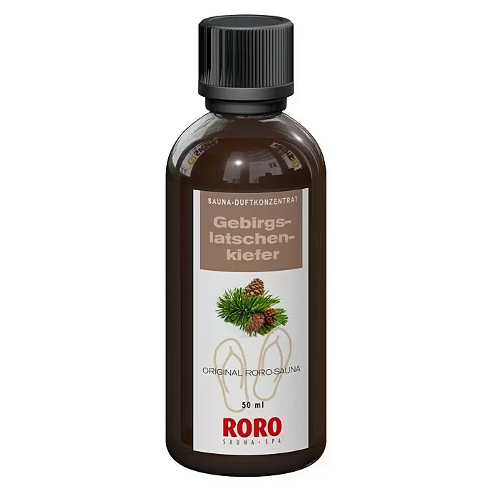 Eilo Sauna- & Dampfbadduft - Duft: Latschenkiefer, 50 ml - Braune Flasche RORO Sauna Spa Gebirgslatschenkiefer Sauna-Duftkonzentrat mit weißem Etikett und schwarzem Verschluss.