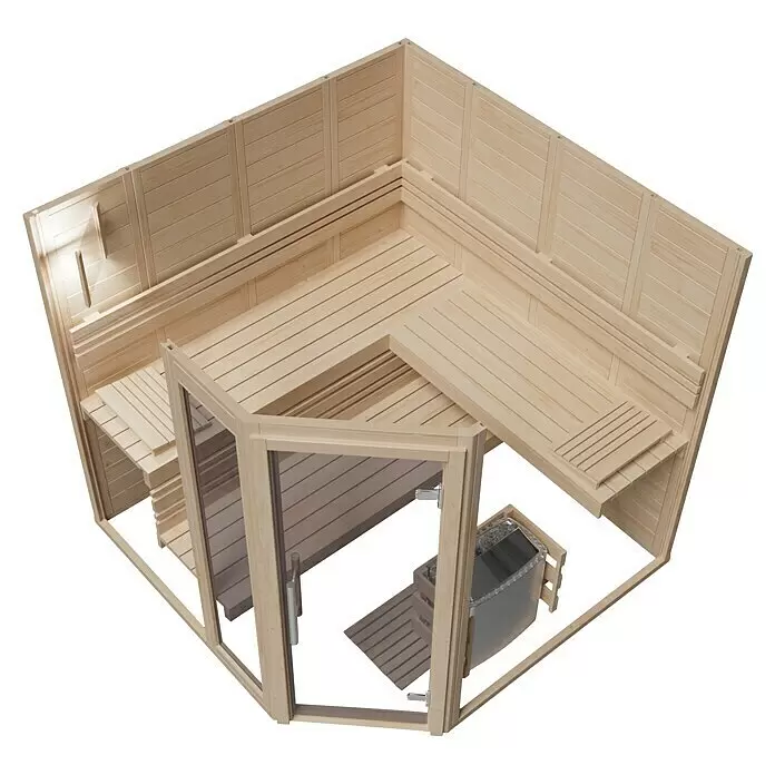 Eilo Elementsauna 40-2121E - L x B x H: 208 x 208 x 200 cm, Ohne Ofen - Innenansicht einer modernen Ecksauna aus hellem Holz mit Glastür und Metallofen.