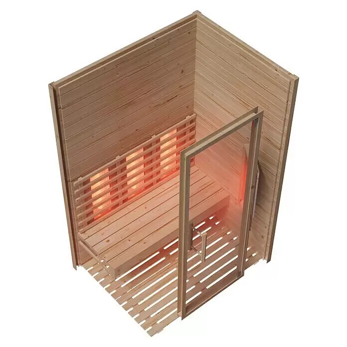 Eilo Infrarotkabine EL 431 - 102 x 132 x 198 cm - Hölzerne Infrarotsauna mit rot glühenden Heizungen, einer Bank und einer Glastür, von oben gesehen.