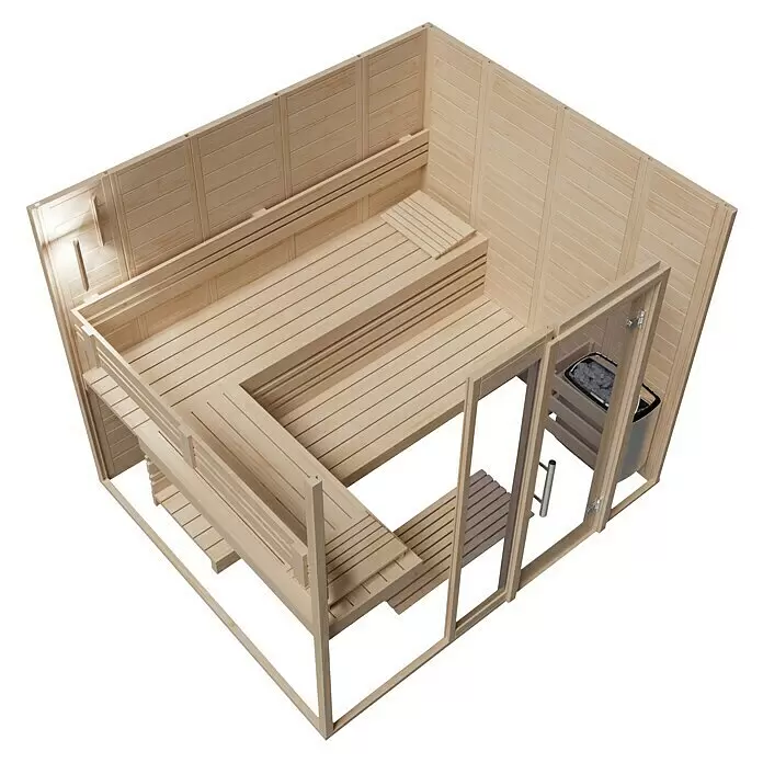 Eilo Elementsauna 40-2117 - L x B x H: 172 x 208 x 200 cm, Ohne Ofen - Helles Holzsauna-Interieur mit mehrstufigen Bänken, Heizung und Glastür.