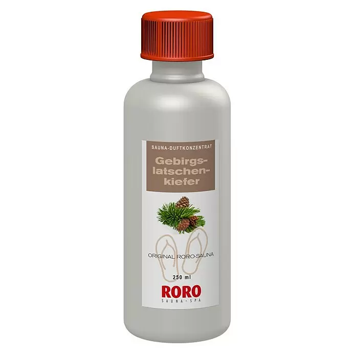 Eilo Saunaduft - Duft: Latschenkiefer, 250 ml - Graue RORO Sauna-Duftkonzentratflasche (250 ml) mit orangefarbenem Deckel, mit Kiefernzweigen und Flip-Flops auf dem Etikett.