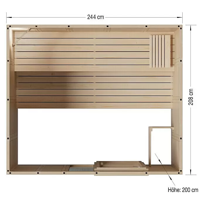 Eilo Elementsauna 40-2421 - L x B x H: 208 x 244 x 200 cm, Ohne Ofen - Sauna-Innenraum aus hellem Holz mit L-förmigen Bänken und Ofenbereich. Maße: 244x208 cm, Höhe 200 cm.