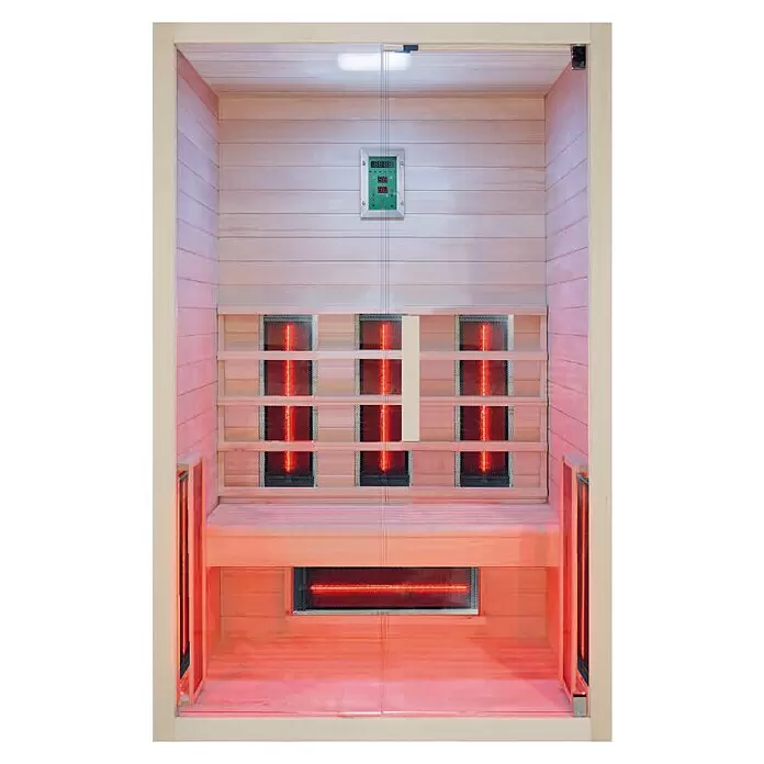 Eilo Infrarotkabine EL 431 - 102 x 132 x 198 cm - Helles Infrarotsauna-Interieur aus Holz mit mehreren rot glühenden Heizstrahlern und einem digitalen Bedienfeld für Wellness.